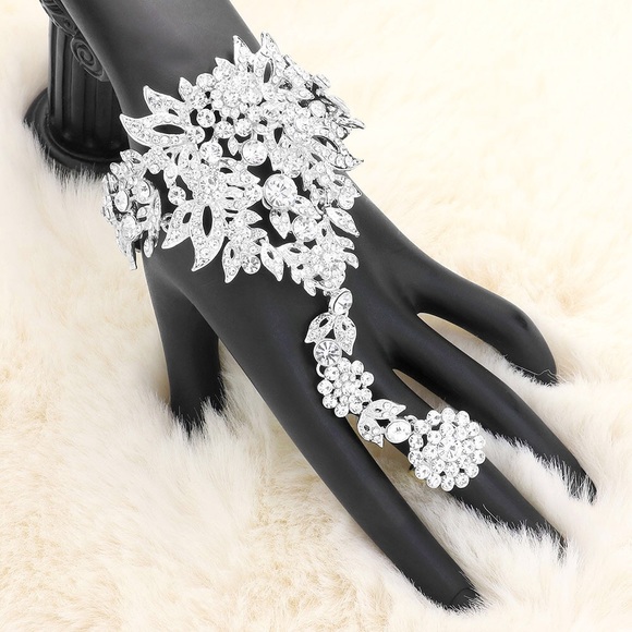 Silver Crystal Rhinestone Accented Hand Chain Evening Bracelet - Picture 1 of 3